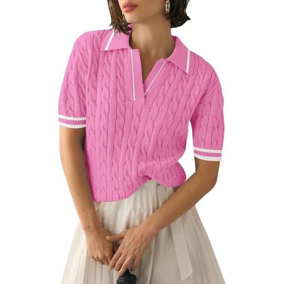 Sweaters - Elegant Women's Summer Cable Knit Sweater - Pink & White Stripe, Size X-Large